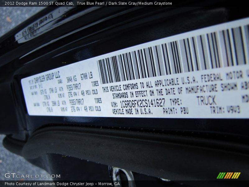 True Blue Pearl / Dark Slate Gray/Medium Graystone 2012 Dodge Ram 1500 ST Quad Cab