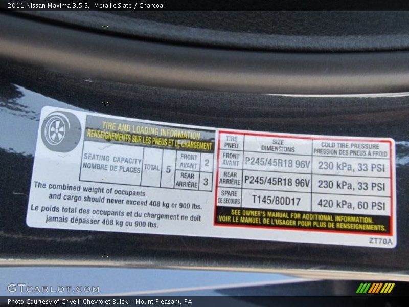 Metallic Slate / Charcoal 2011 Nissan Maxima 3.5 S