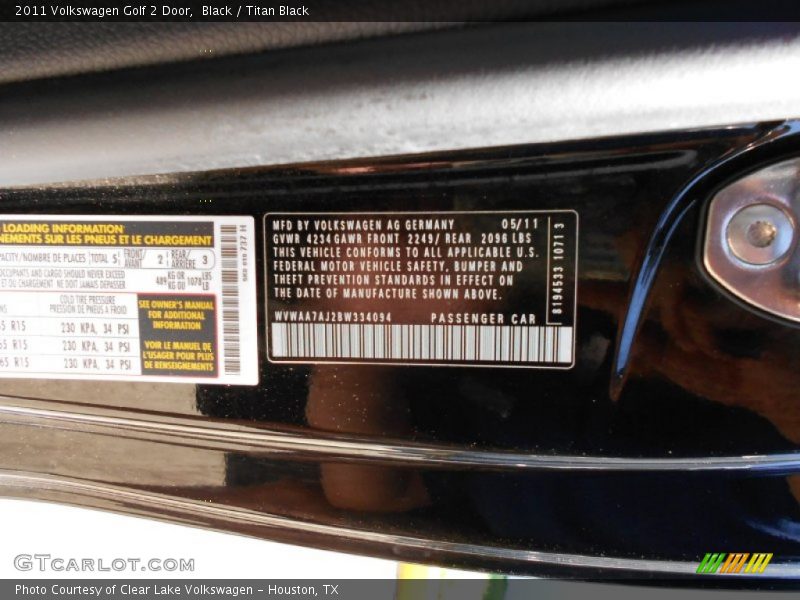 Black / Titan Black 2011 Volkswagen Golf 2 Door