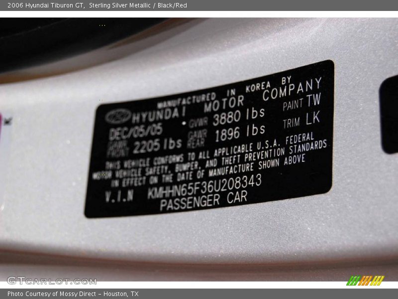 Sterling Silver Metallic / Black/Red 2006 Hyundai Tiburon GT