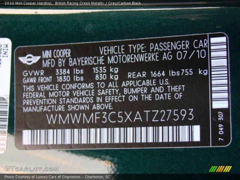 British Racing Green Metallic / Grey/Carbon Black 2010 Mini Cooper Hardtop