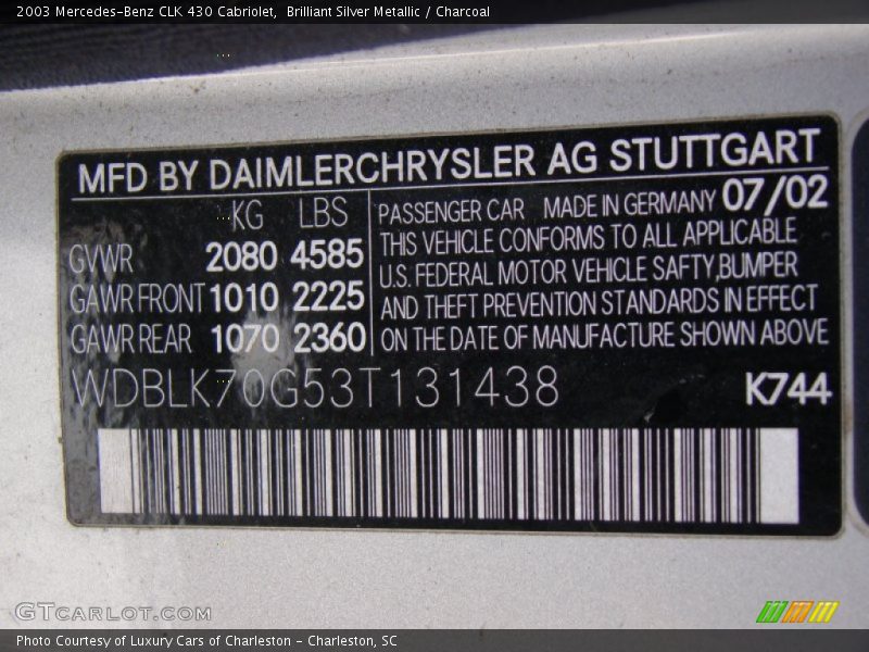 Brilliant Silver Metallic / Charcoal 2003 Mercedes-Benz CLK 430 Cabriolet