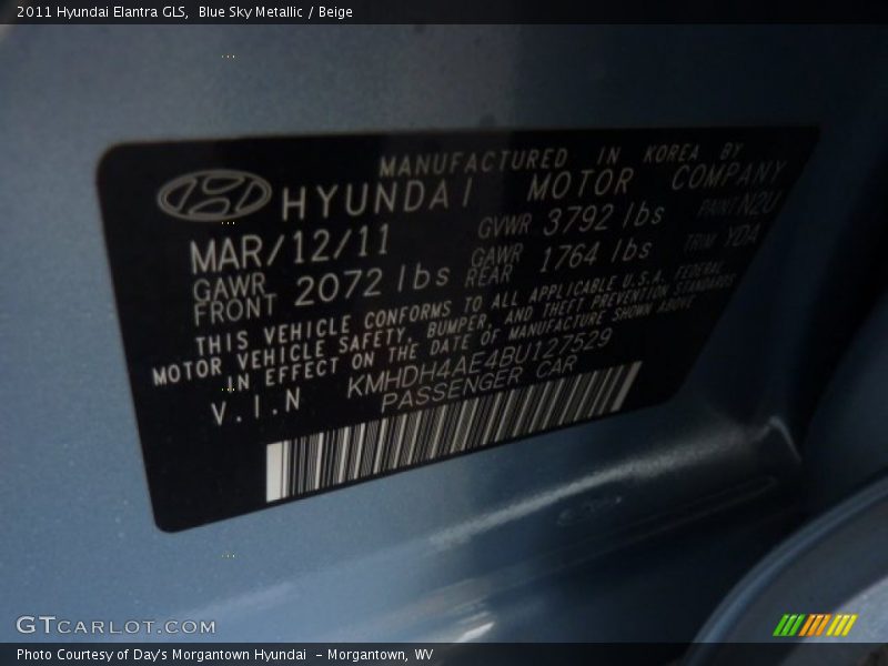 Blue Sky Metallic / Beige 2011 Hyundai Elantra GLS