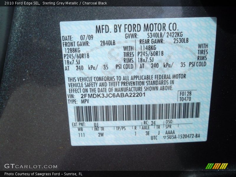 Sterling Grey Metallic / Charcoal Black 2010 Ford Edge SEL