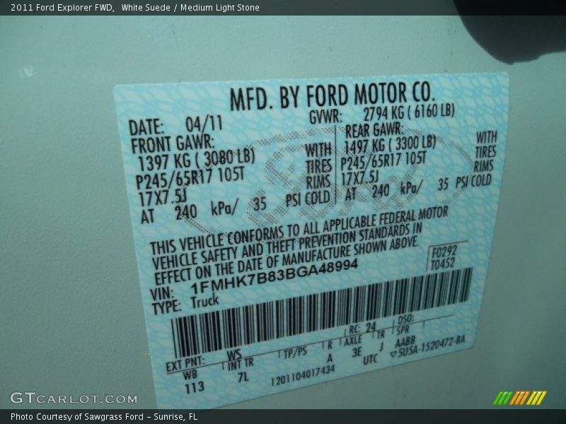 White Suede / Medium Light Stone 2011 Ford Explorer FWD