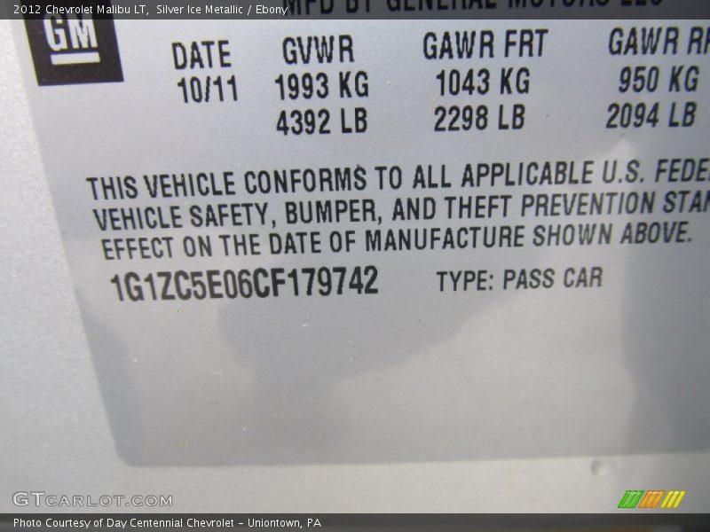 Silver Ice Metallic / Ebony 2012 Chevrolet Malibu LT