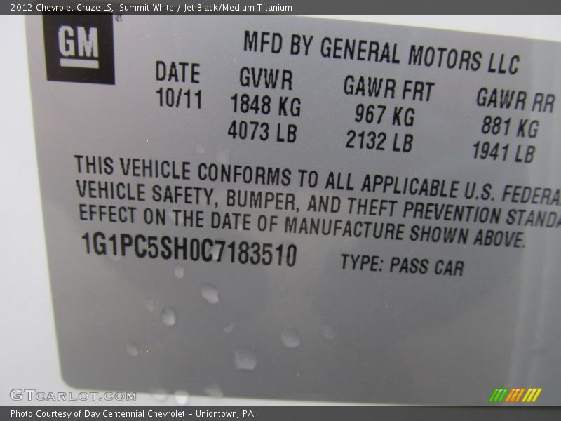 Summit White / Jet Black/Medium Titanium 2012 Chevrolet Cruze LS