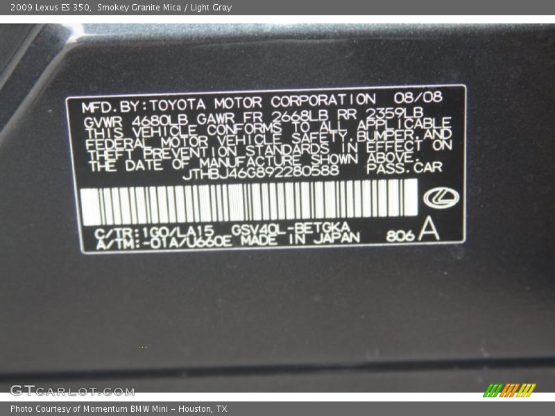 Smokey Granite Mica / Light Gray 2009 Lexus ES 350