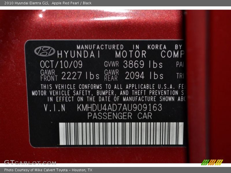 Apple Red Pearl / Black 2010 Hyundai Elantra GLS