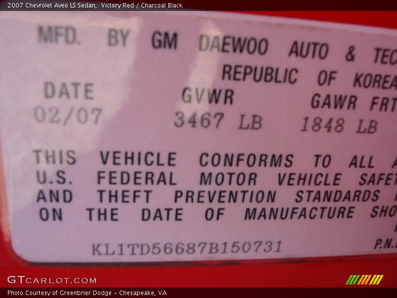 Victory Red / Charcoal Black 2007 Chevrolet Aveo LS Sedan