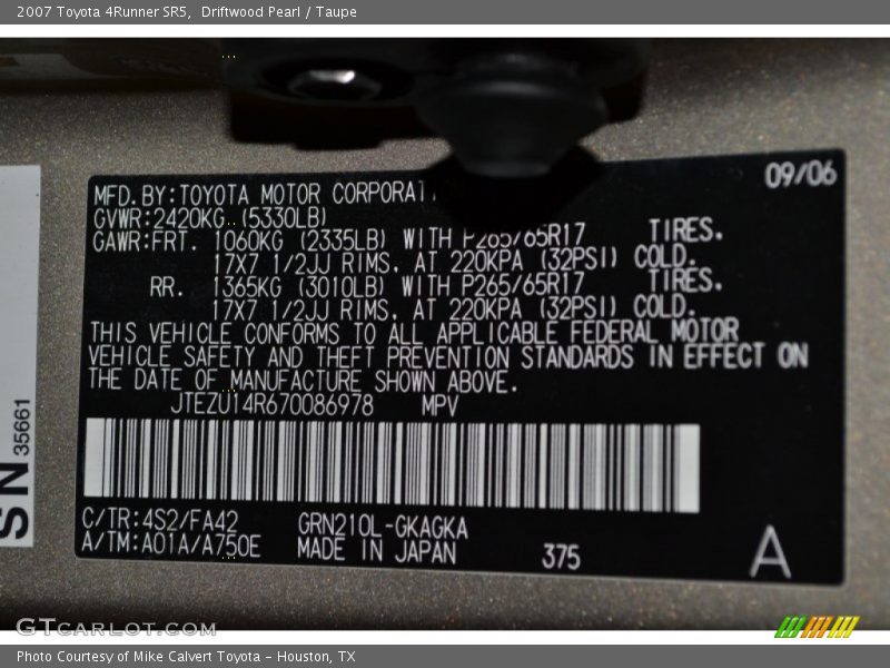 2007 4Runner SR5 Driftwood Pearl Color Code 4S2