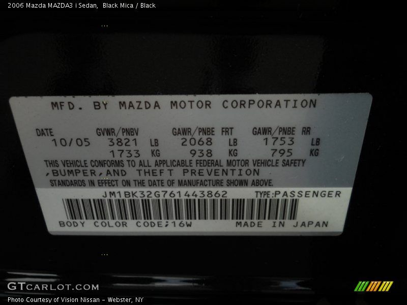 2006 MAZDA3 i Sedan Black Mica Color Code 16W