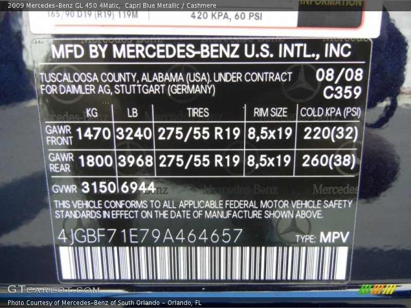 2009 GL 450 4Matic Capri Blue Metallic Color Code 359