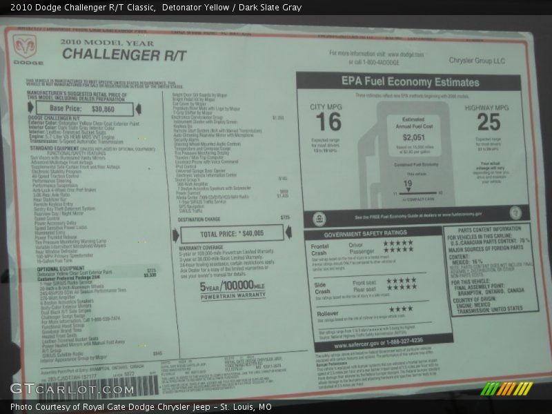  2010 Challenger R/T Classic Window Sticker