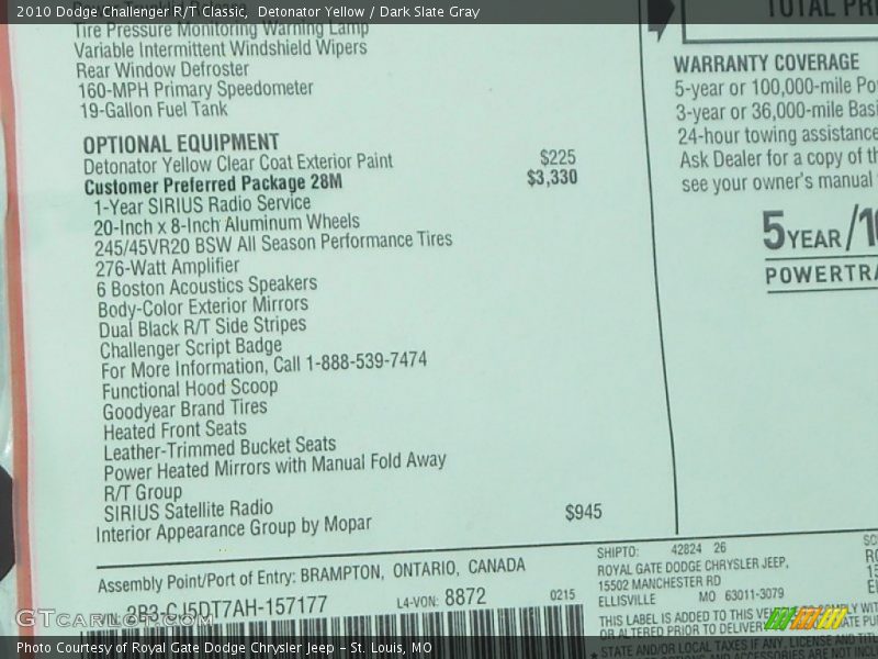  2010 Challenger R/T Classic Window Sticker