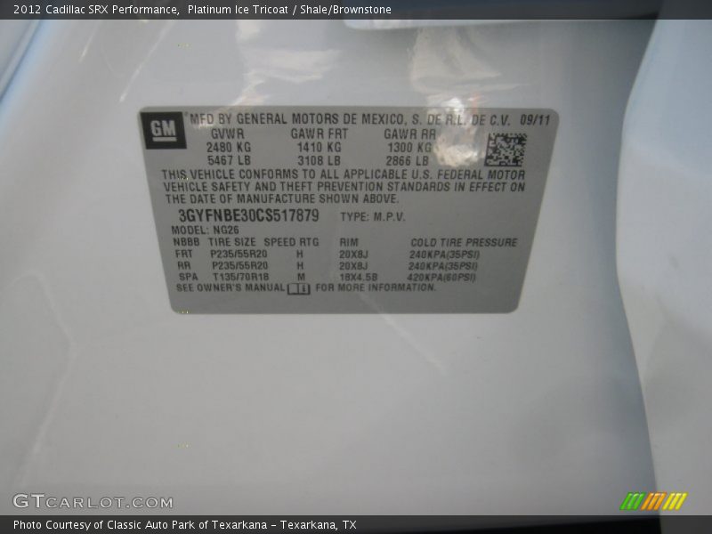 Platinum Ice Tricoat / Shale/Brownstone 2012 Cadillac SRX Performance