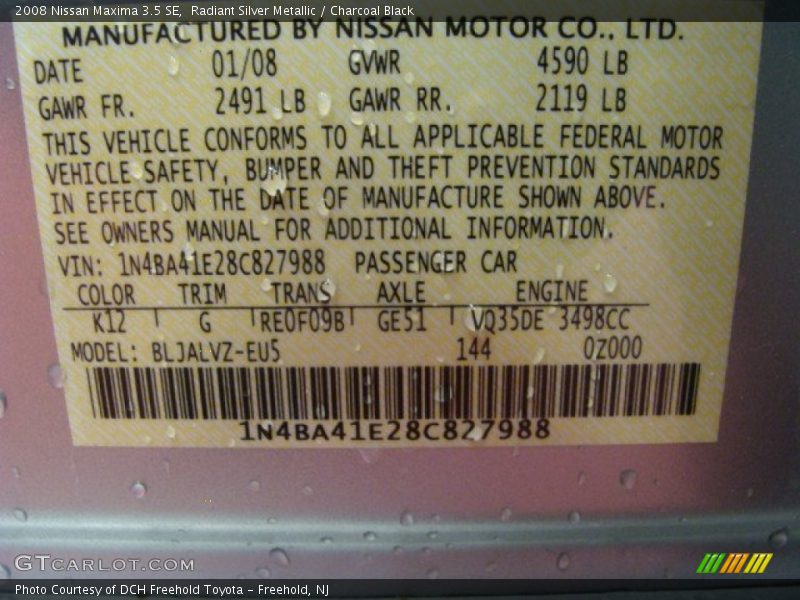 Radiant Silver Metallic / Charcoal Black 2008 Nissan Maxima 3.5 SE