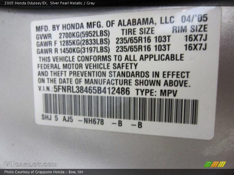 Silver Pearl Metallic / Gray 2005 Honda Odyssey EX