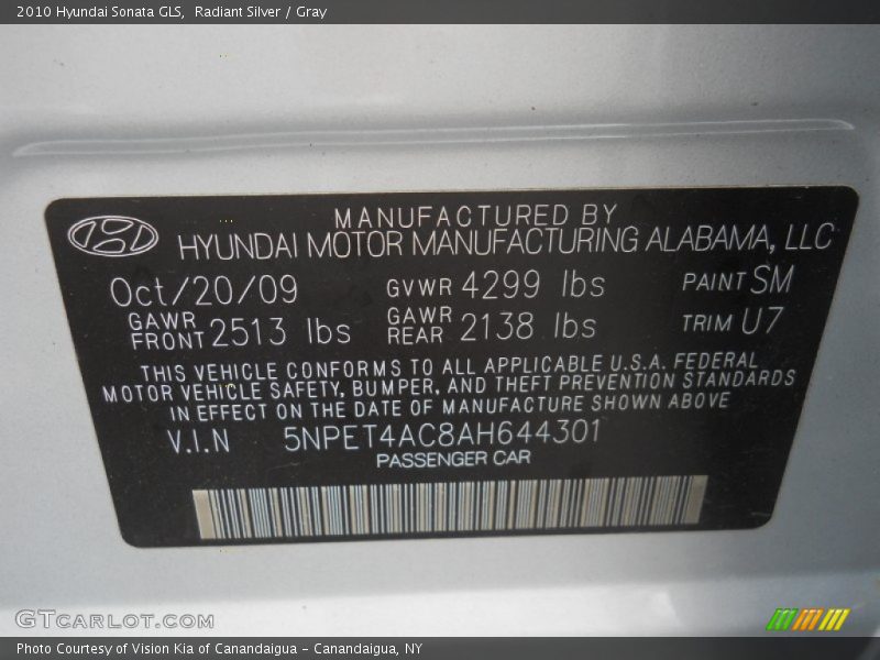 Radiant Silver / Gray 2010 Hyundai Sonata GLS