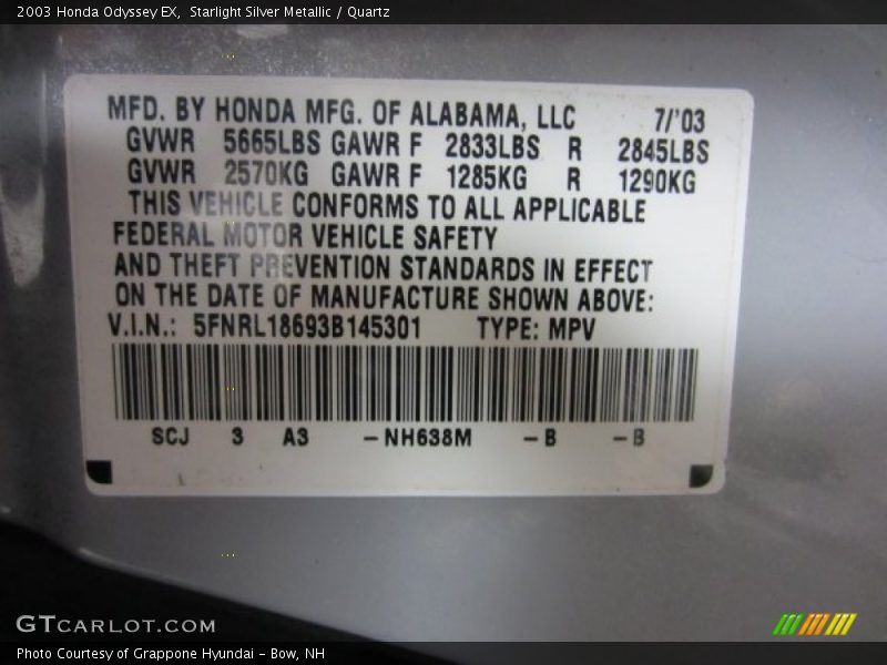 Starlight Silver Metallic / Quartz 2003 Honda Odyssey EX
