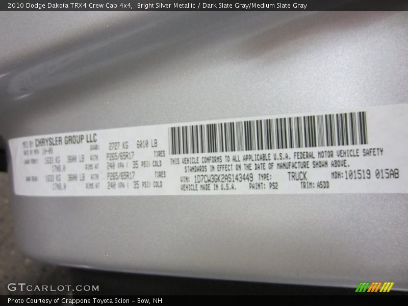Bright Silver Metallic / Dark Slate Gray/Medium Slate Gray 2010 Dodge Dakota TRX4 Crew Cab 4x4