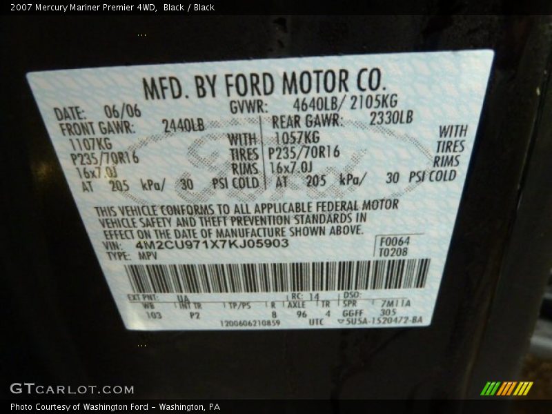Black / Black 2007 Mercury Mariner Premier 4WD