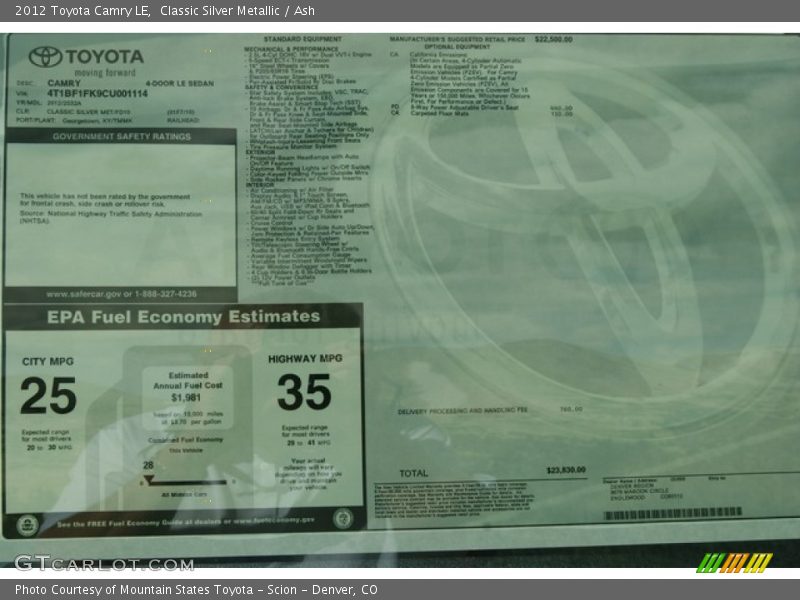  2012 Camry LE Window Sticker