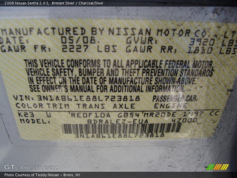 Brilliant Silver / Charcoal/Steel 2008 Nissan Sentra 2.0 S