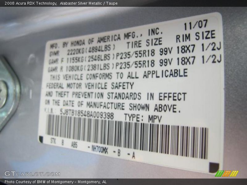 Alabaster Silver Metallic / Taupe 2008 Acura RDX Technology