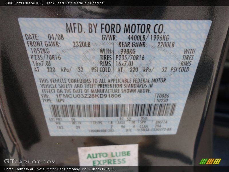 Black Pearl Slate Metallic / Charcoal 2008 Ford Escape XLT