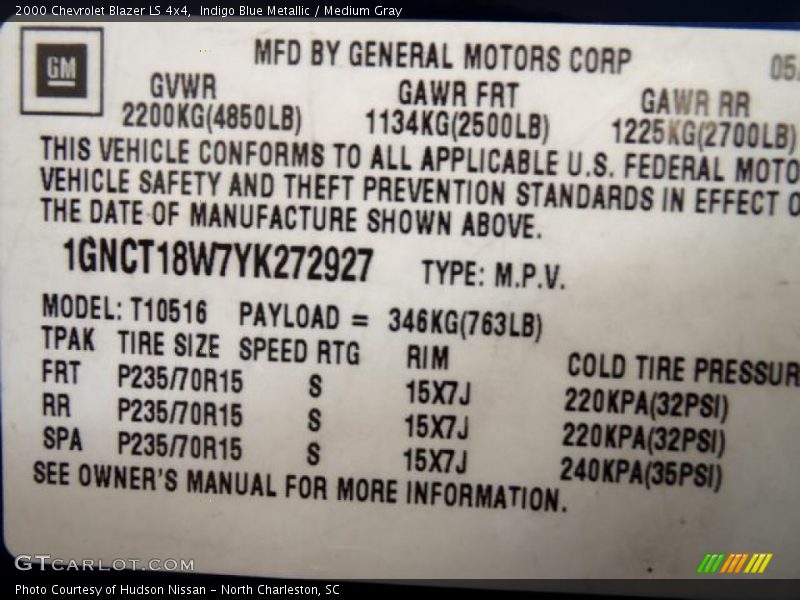 Indigo Blue Metallic / Medium Gray 2000 Chevrolet Blazer LS 4x4