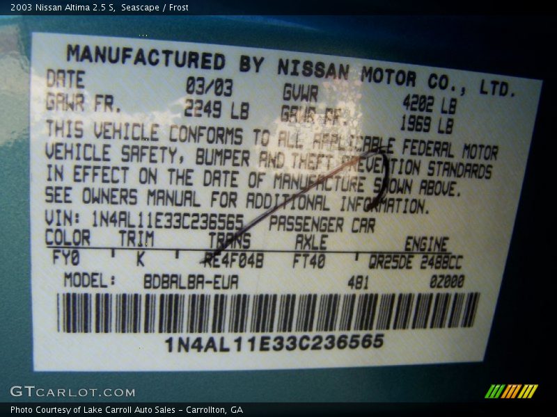 2003 Altima 2.5 S Seascape Color Code FY0