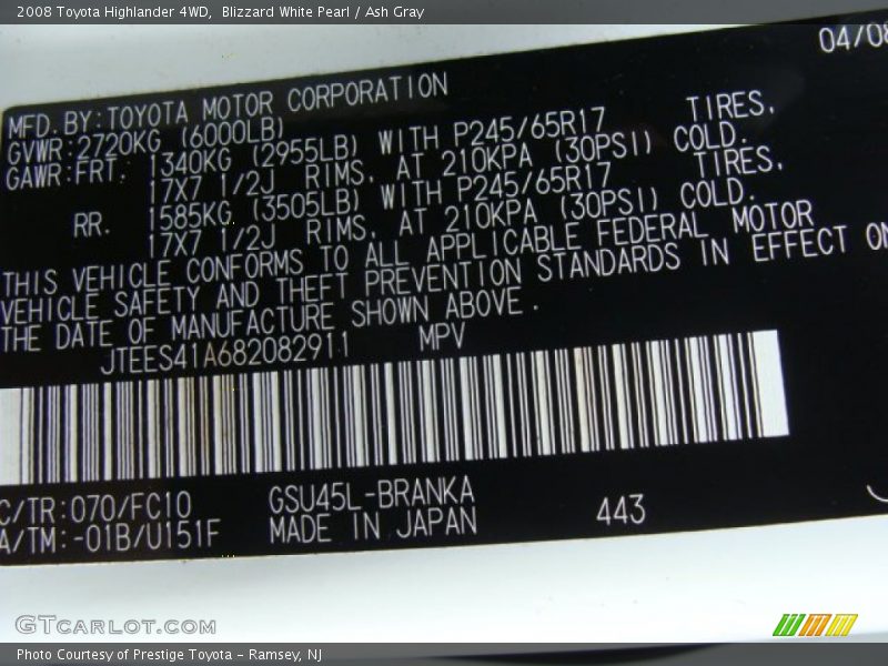 Blizzard White Pearl / Ash Gray 2008 Toyota Highlander 4WD