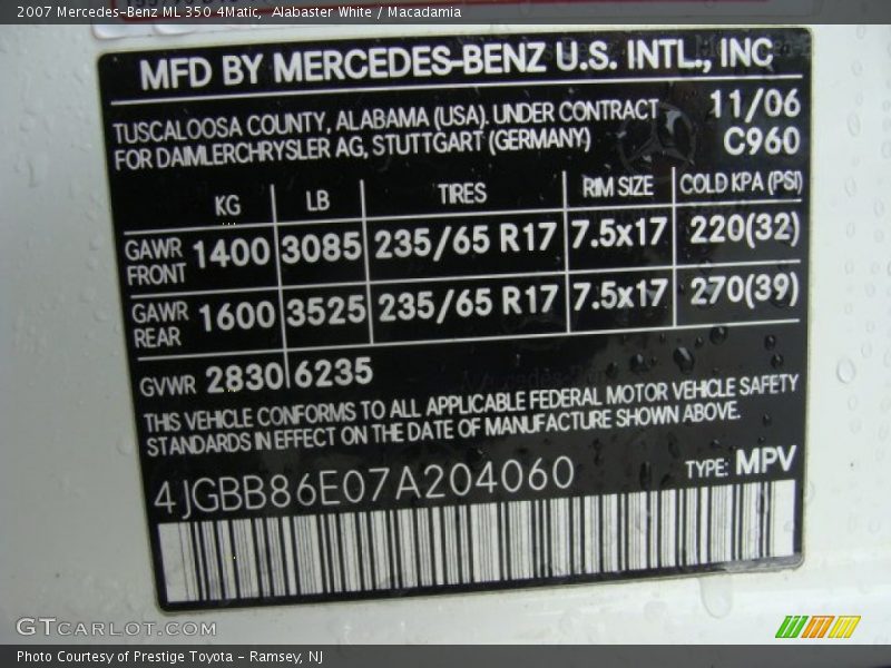 Alabaster White / Macadamia 2007 Mercedes-Benz ML 350 4Matic
