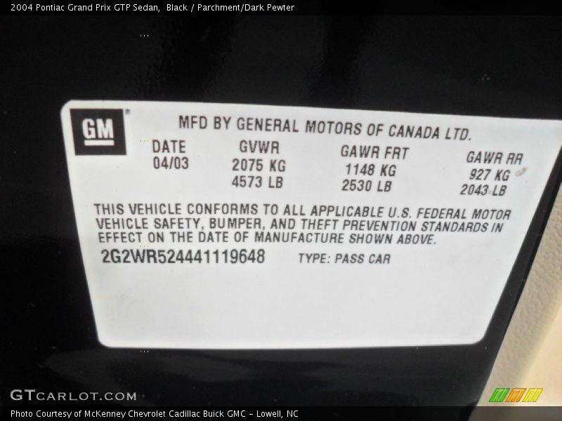 Black / Parchment/Dark Pewter 2004 Pontiac Grand Prix GTP Sedan