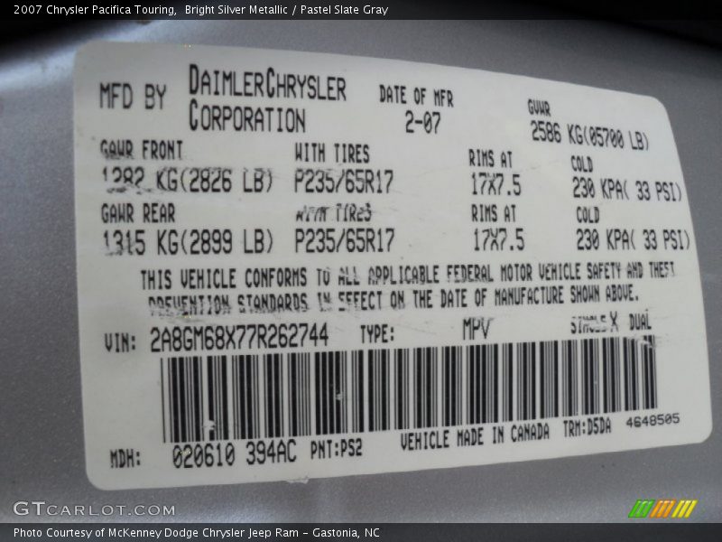 Bright Silver Metallic / Pastel Slate Gray 2007 Chrysler Pacifica Touring