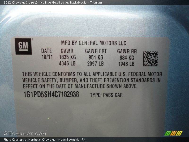 Ice Blue Metallic / Jet Black/Medium Titanium 2012 Chevrolet Cruze LS