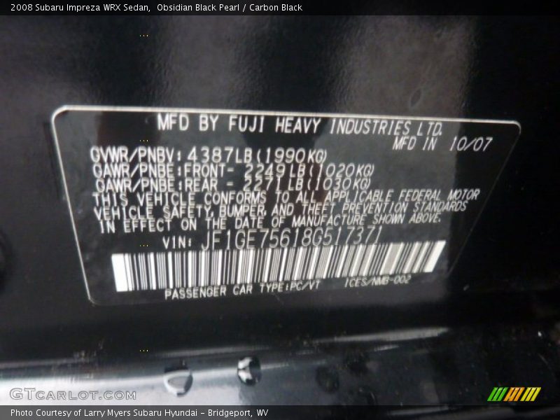 Obsidian Black Pearl / Carbon Black 2008 Subaru Impreza WRX Sedan
