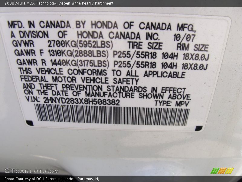 Aspen White Pearl / Parchment 2008 Acura MDX Technology