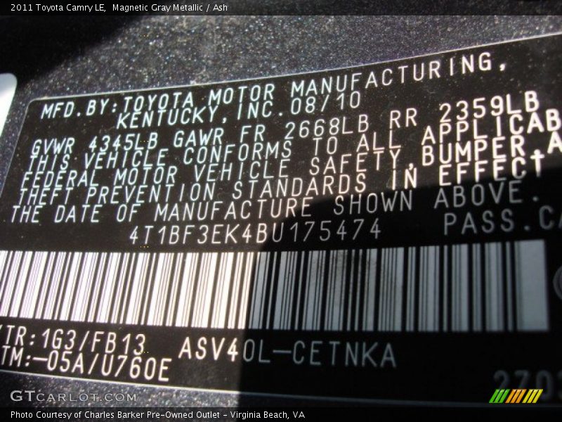 Magnetic Gray Metallic / Ash 2011 Toyota Camry LE