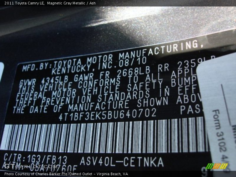 Magnetic Gray Metallic / Ash 2011 Toyota Camry LE
