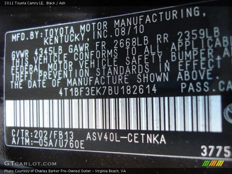 Black / Ash 2011 Toyota Camry LE