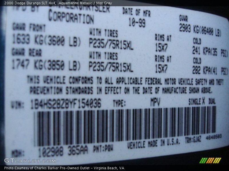 Aquamarine Metallic / Mist Gray 2000 Dodge Durango SLT 4x4