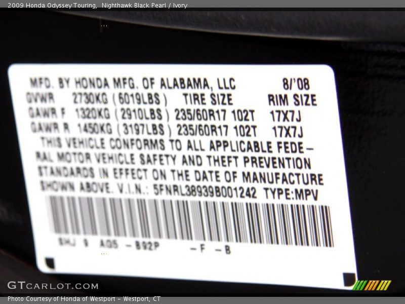 2009 Odyssey Touring Nighthawk Black Pearl Color Code B92P