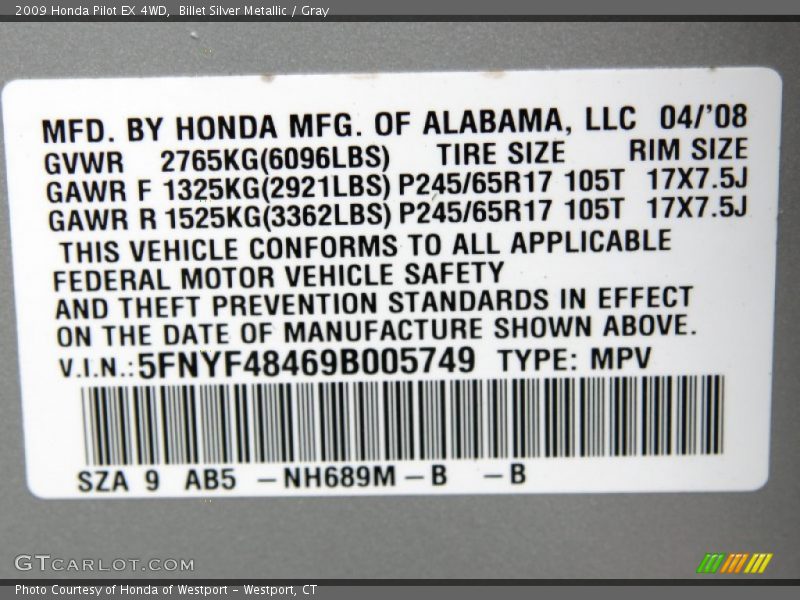 Billet Silver Metallic / Gray 2009 Honda Pilot EX 4WD