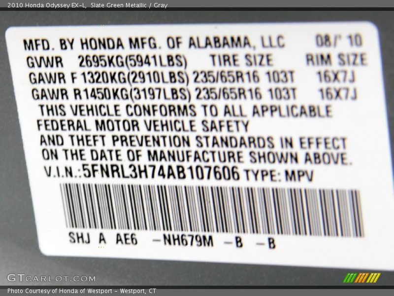 Slate Green Metallic / Gray 2010 Honda Odyssey EX-L