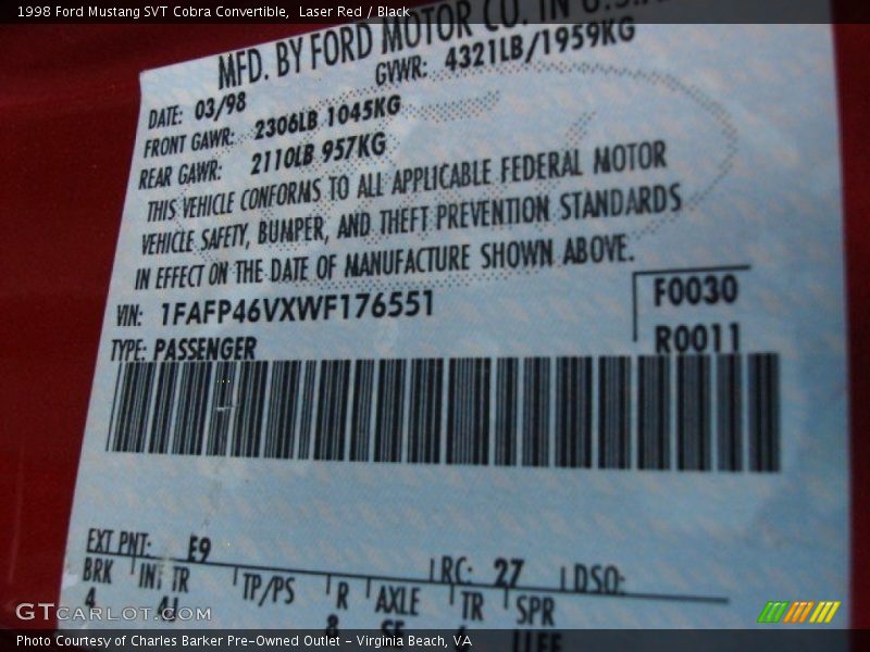 1998 Mustang SVT Cobra Convertible Laser Red Color Code E9