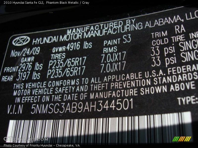 Phantom Black Metallic / Gray 2010 Hyundai Santa Fe GLS