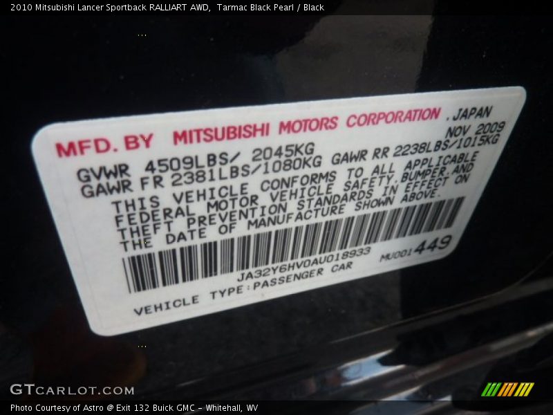 Tarmac Black Pearl / Black 2010 Mitsubishi Lancer Sportback RALLIART AWD