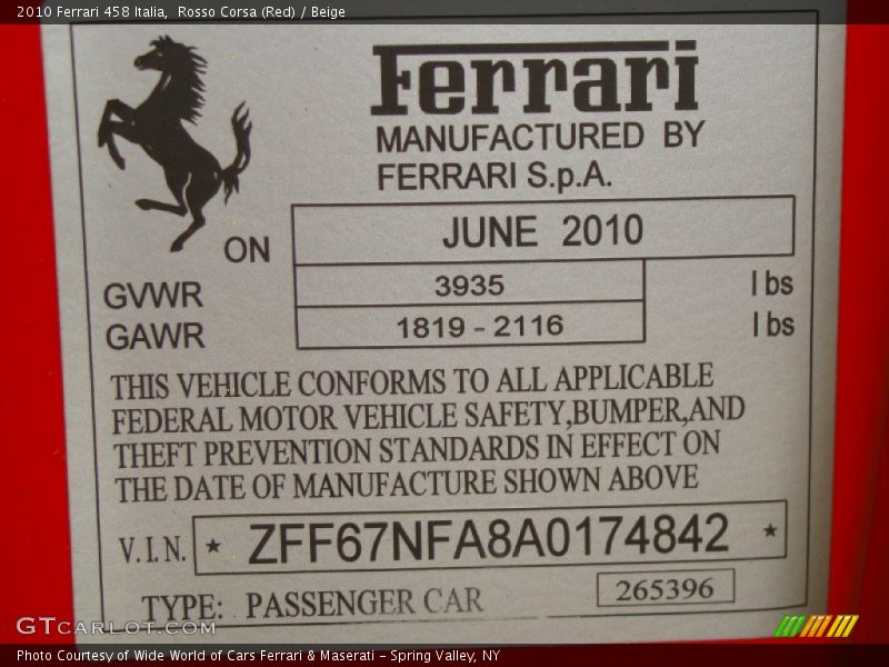 Info Tag of 2010 458 Italia
